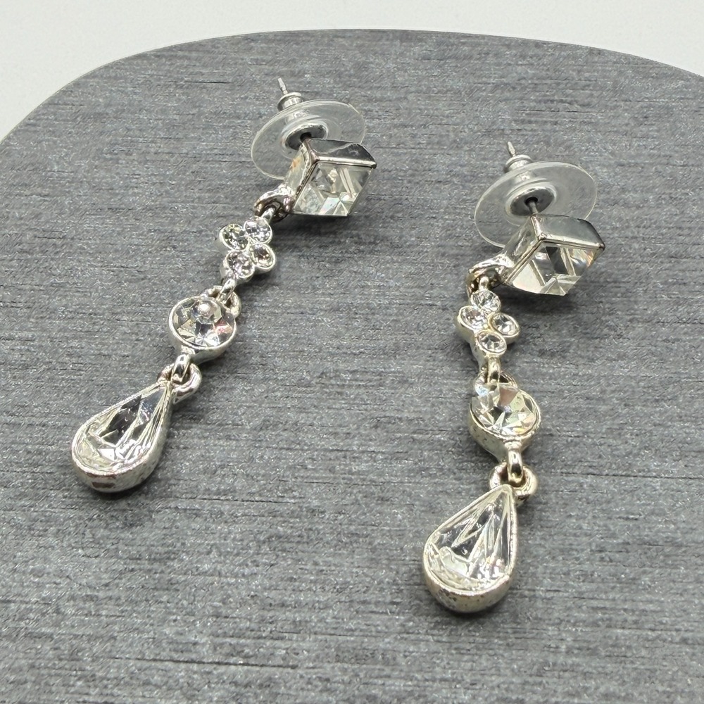 Silver Tone Clear Rhinestone Teardrop Dangle Drop Earrings Bridal Wedding Formal